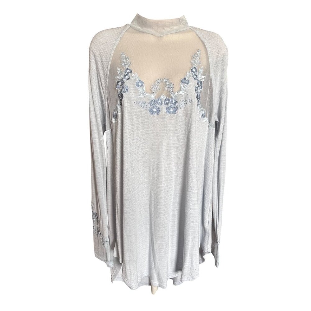 Free People Saheli Glacier Ice Sheer Mesh Embroidered Tunic Top M Mock Neck NWT